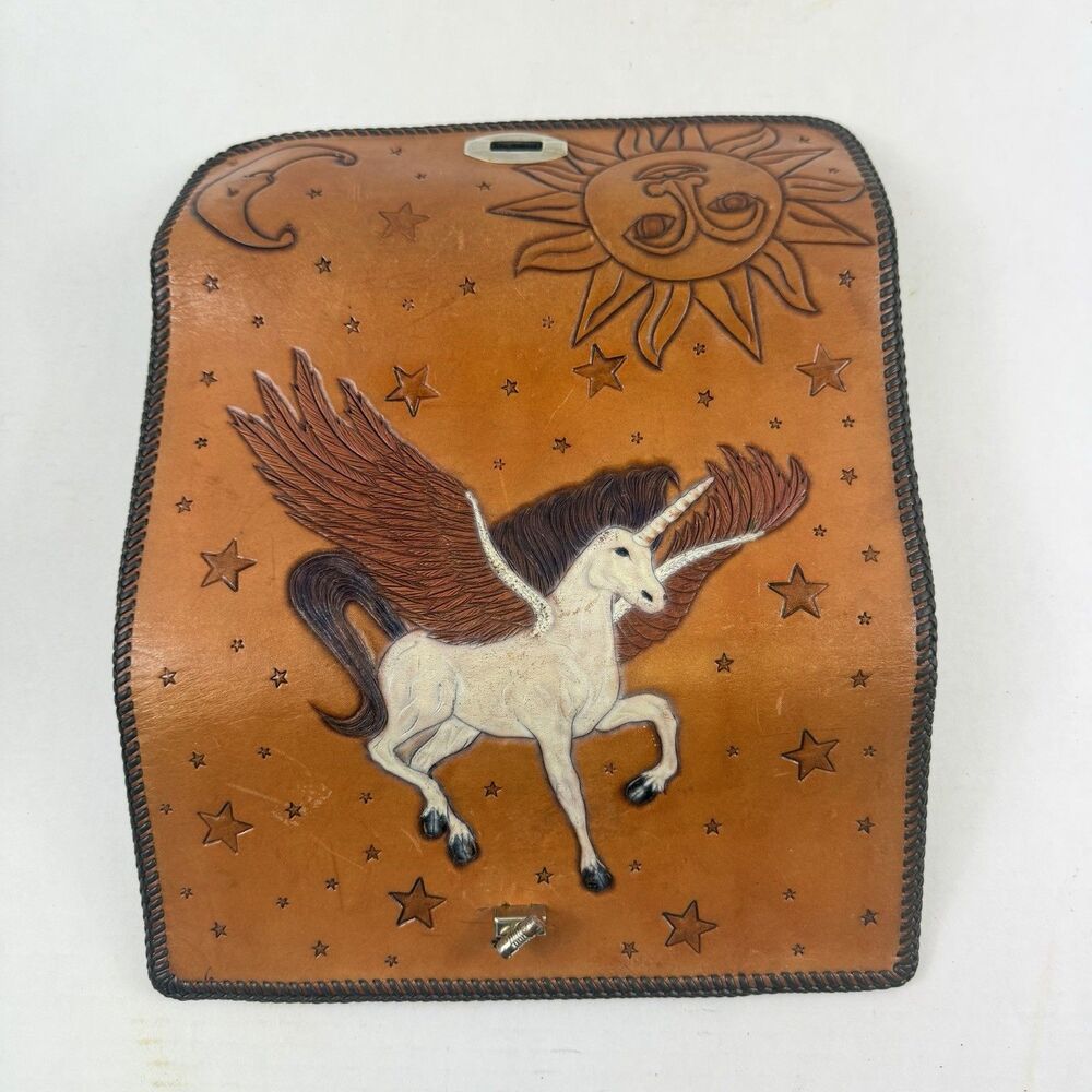 Unique Vintage Hand Tooled Leather Embossed White Unicorn TurnLock Clutch Wallet